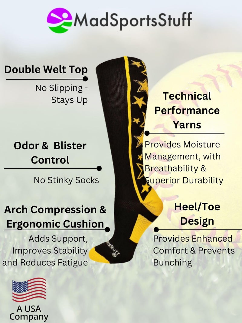 MadSportsStuff Crazy Socks with Stars Over the Calf Socks (Black/Gold, Small) - Image 3